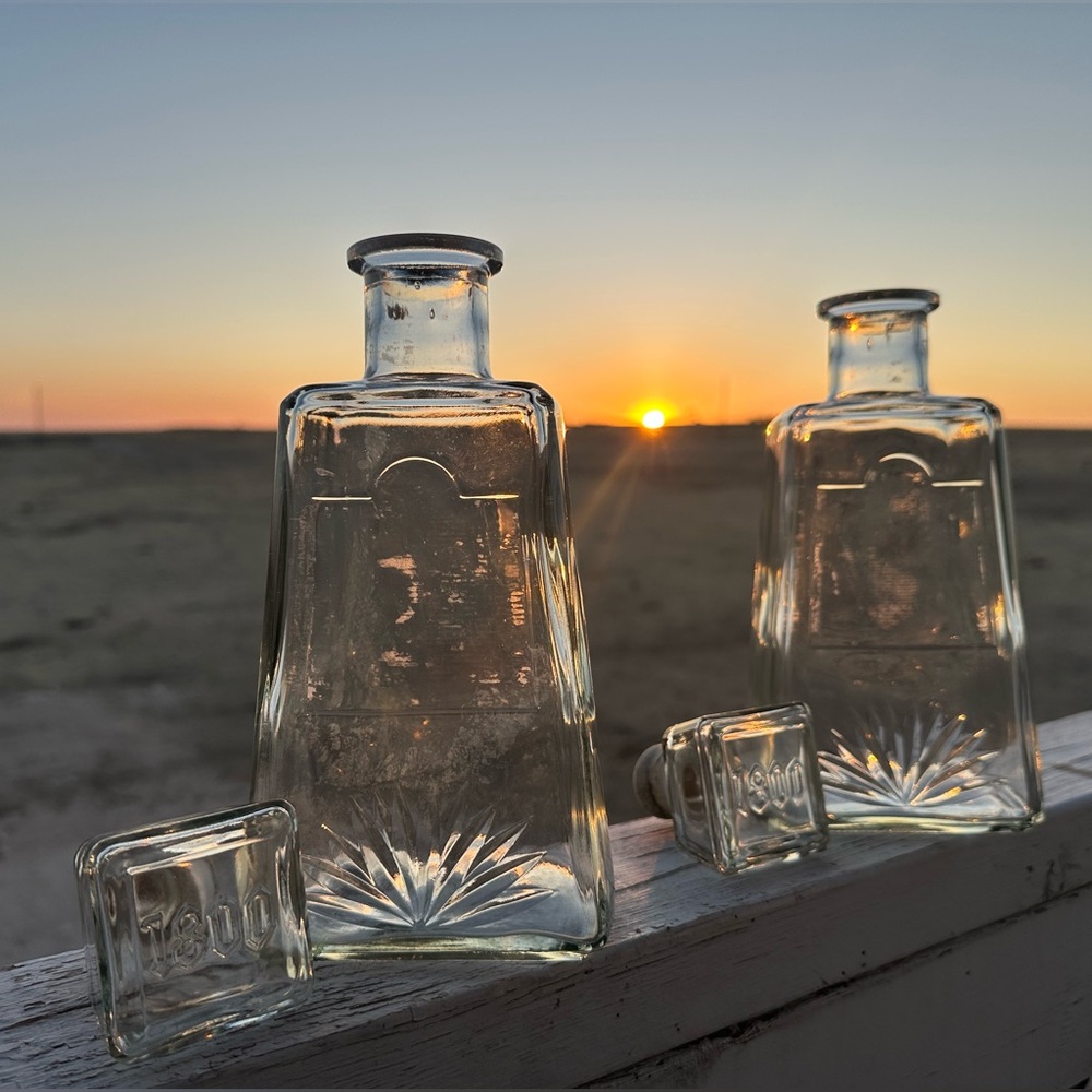Set of 2 1800 Tequila Glass Bottles Square Bar Decor Stoppers Crafts